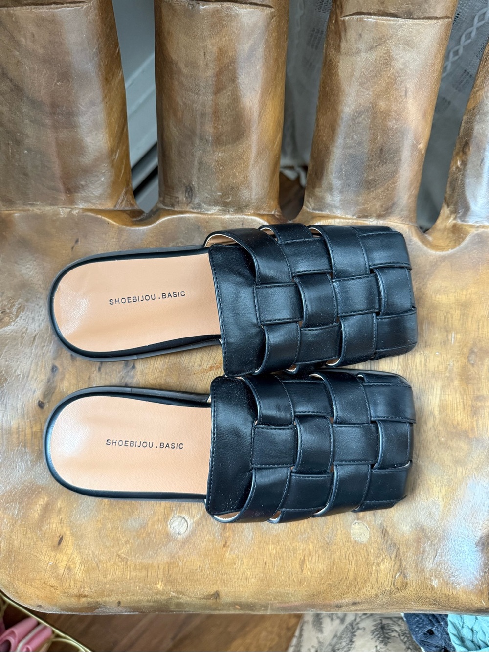 Shop-Peche Woven Square-Toe Black Leather Slip-On Flats - Women's